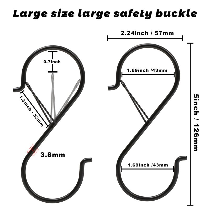 Ansxiy 6 Pack 5 Inch S Hooks for Hanging  Heavy Duty S Hooks with Safety Buckle  S Shape Hooks for Hanging Kitchen Utensils  Pots and Pans  Cups  Plants  Clothes and Bags  Black - Image 2